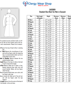 Size Chart of Cassock for mens