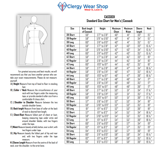 Size Chart of Cassock for mens