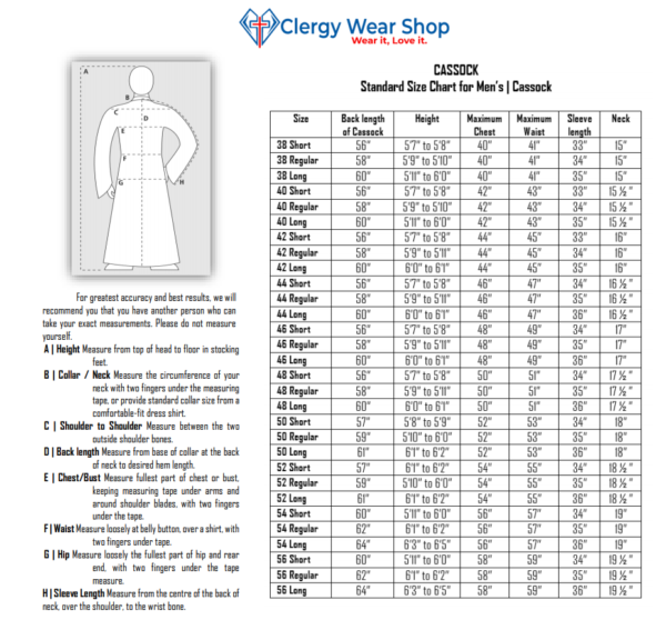 Size Chart of Cassock for mens