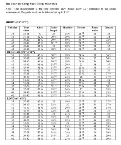 size chart for clergy suit