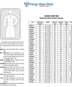 Size chart for cassock and cleryg robe