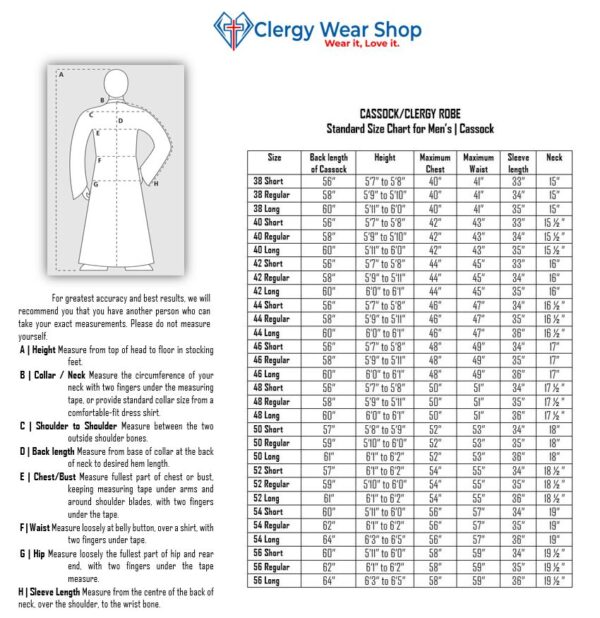 Size chart for cassock and cleryg robe