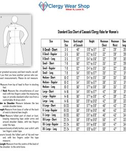 size chart for clergy robe and cassock for womens