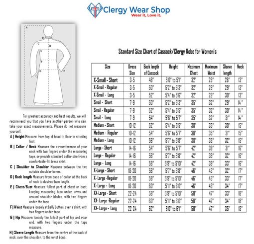 size chart for clergy robe and cassock for womens