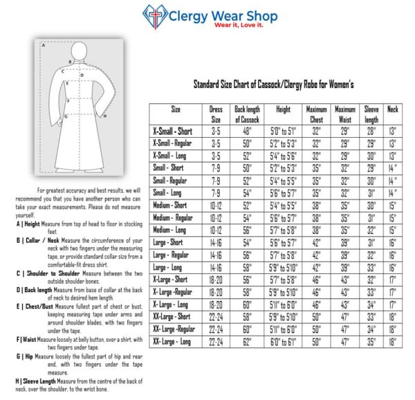 size chart for clergy robe and cassock for womens