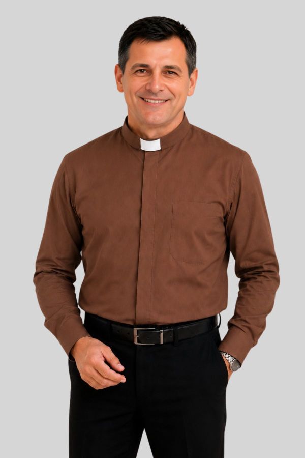 Brown Tab Collar Clergy Shirt for Priests & Pastors