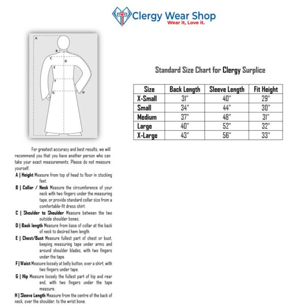Size chart for clergy surplice