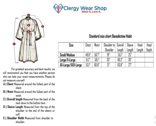 Size chart of benedictine habit