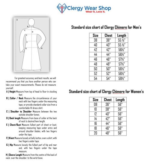 Size chart of clergy chimere for women