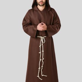 Brown Hooded Monk Robe with Rope Belt Clergy Costume for Men