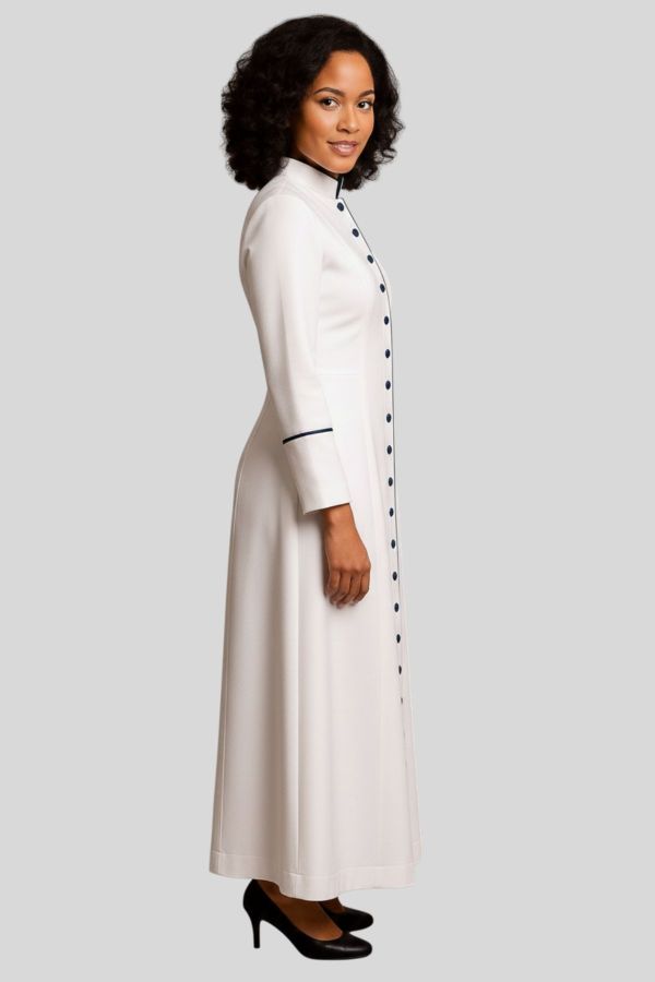 Graceful White Women's Pastor Robe With Navy Trim