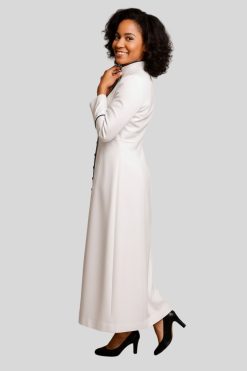 Graceful White Women's Pastor Robe With Navy Trim