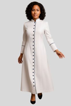 Graceful White Women's Pastor Robe With Navy Trim
