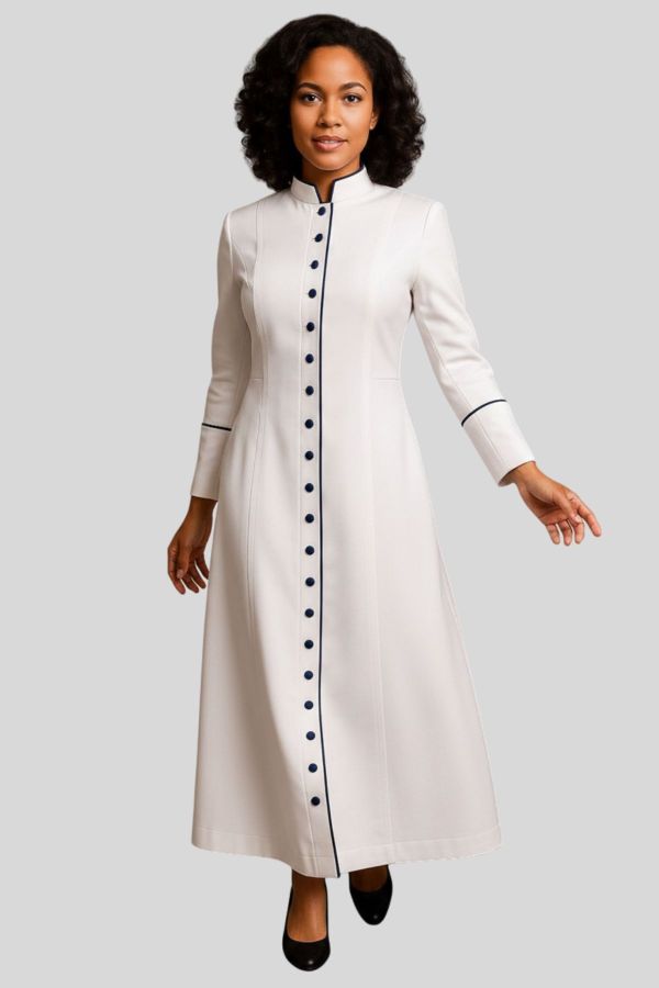 Graceful White Women's Pastor Robe With Navy Trim