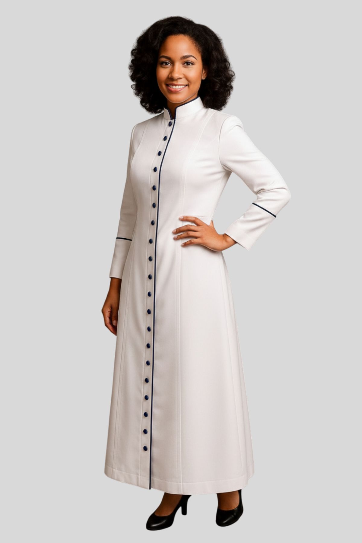 Graceful White Women’s Pastor Robe With Navy Trim (5) Graceful White Women's Pastor Robe With Navy Trim