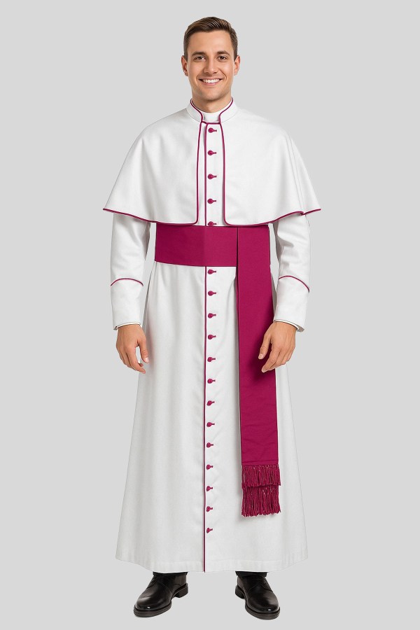 Roman Catholic White Cassock with Shoulder Cape & Red-Purple Trim