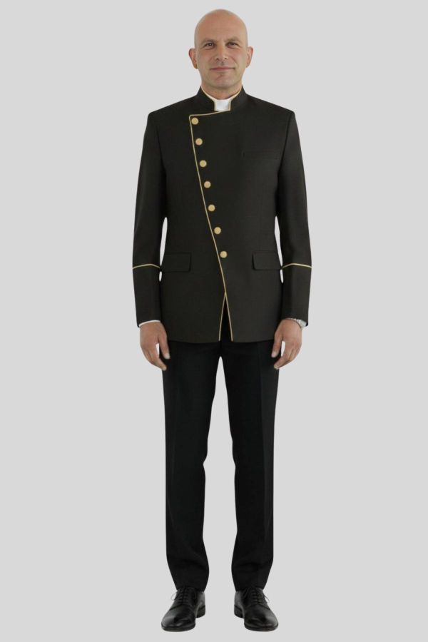 Sharp Black Clergy Jacket with Gold Highlights