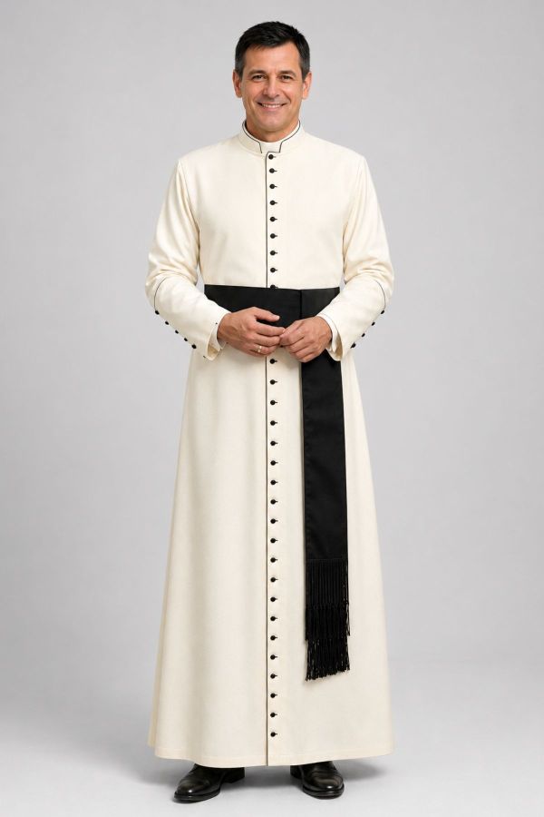 Cream Roman Cassock with Black 33 Buttons