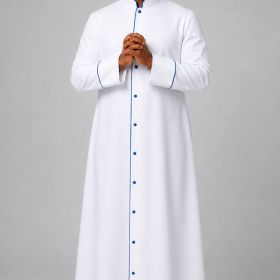White Clergy Robe with Royal Blue Trim & 10 Buttons