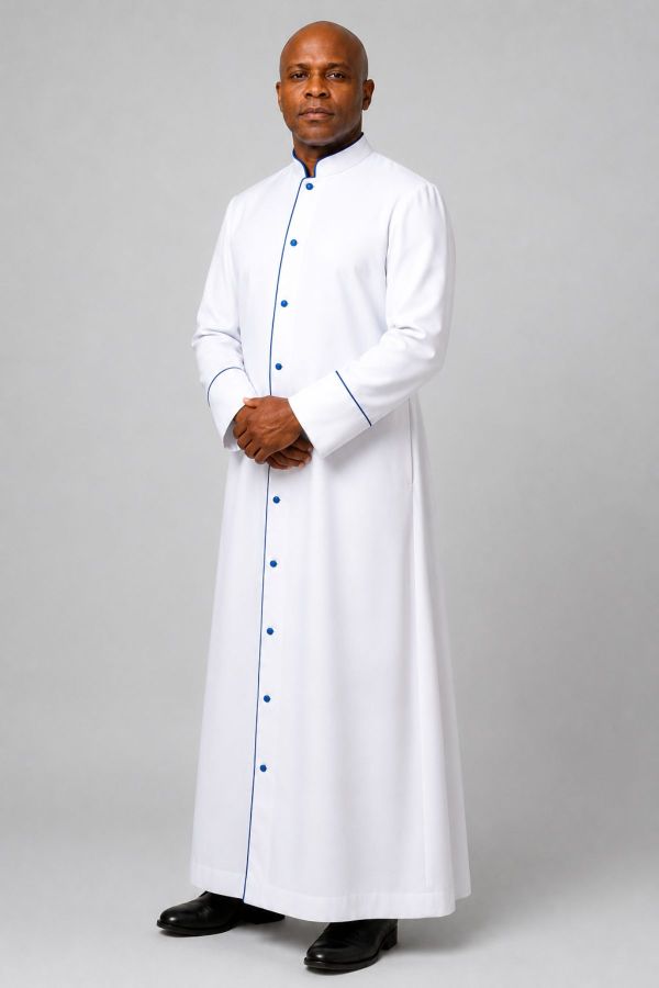 White Clergy Robe with Royal Blue Trim & 10 Buttons