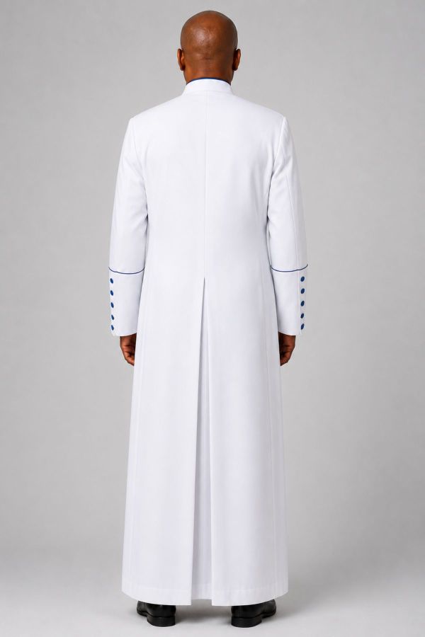White Clergy Robe with Royal Blue Trim & 10 Buttons