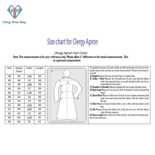 Size chart of Clergy Apron Blue