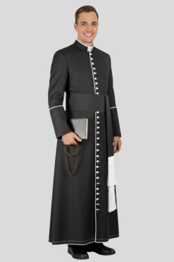 Comfortable Black Mens Cassock with White Trim for Church