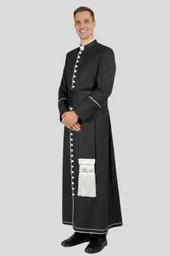 Comfortable Black Mens Cassock with White Trim for Church