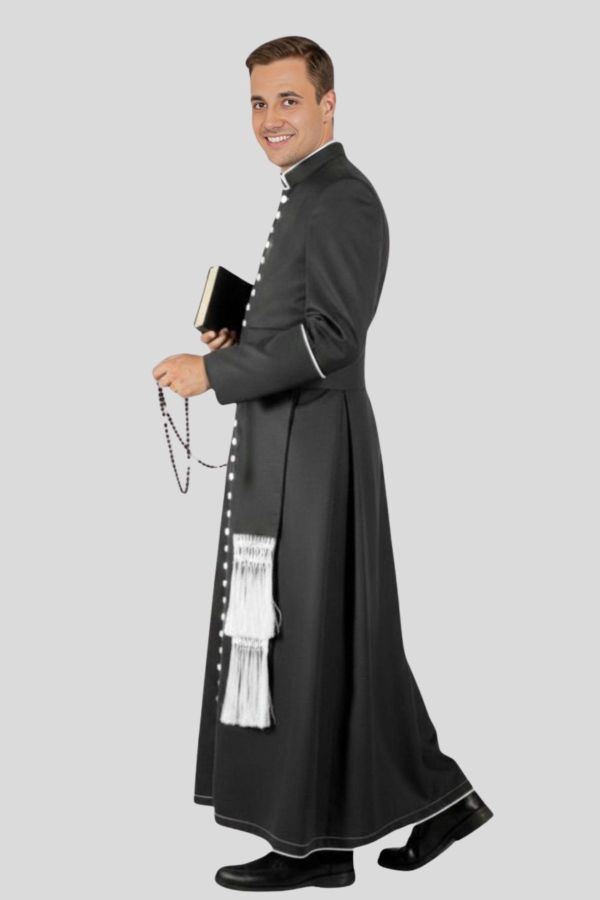 Comfortable Black Mens Cassock with White Trim for Church
