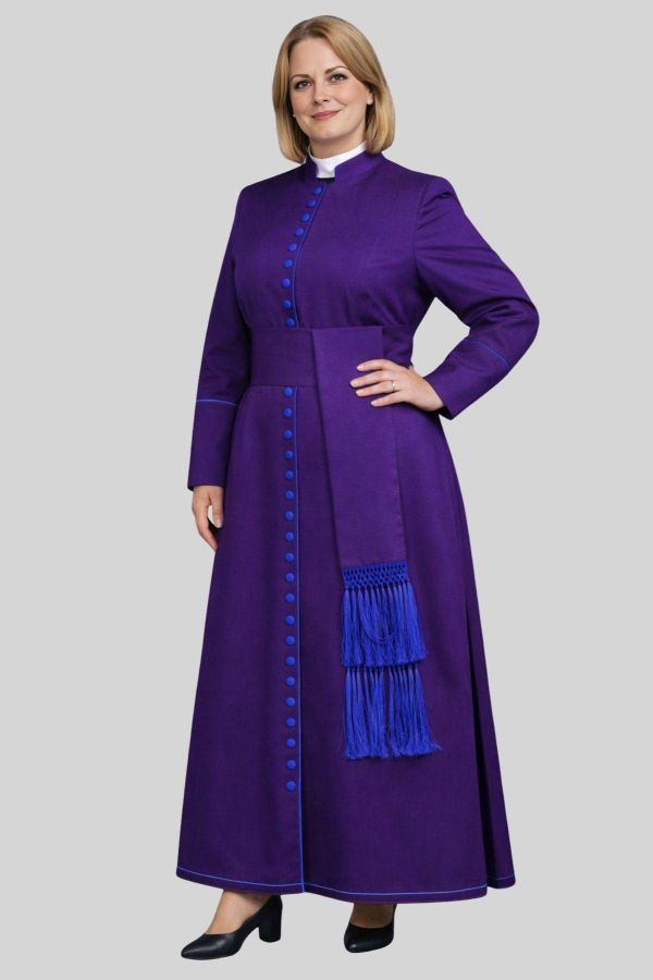 Episcopal Women's Roman Purple Cassock with Royal Blue Trim