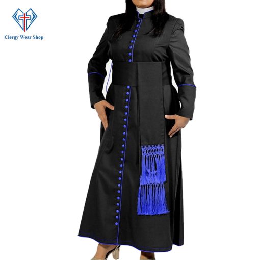 Ladies Black Cassock With Blue Trim