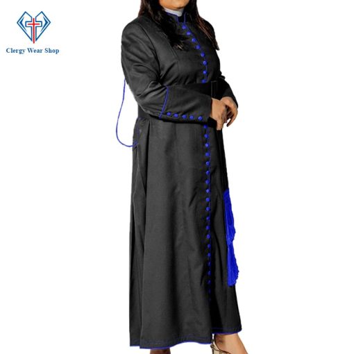 Ladies Black Cassock With Blue Trim