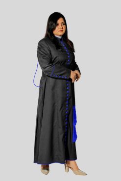 Ladies Black Cassock for Women with Royal Blue Trim & 33 Button