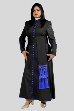 Ladies Black Cassock for Women with Royal Blue Trim & 33 Button