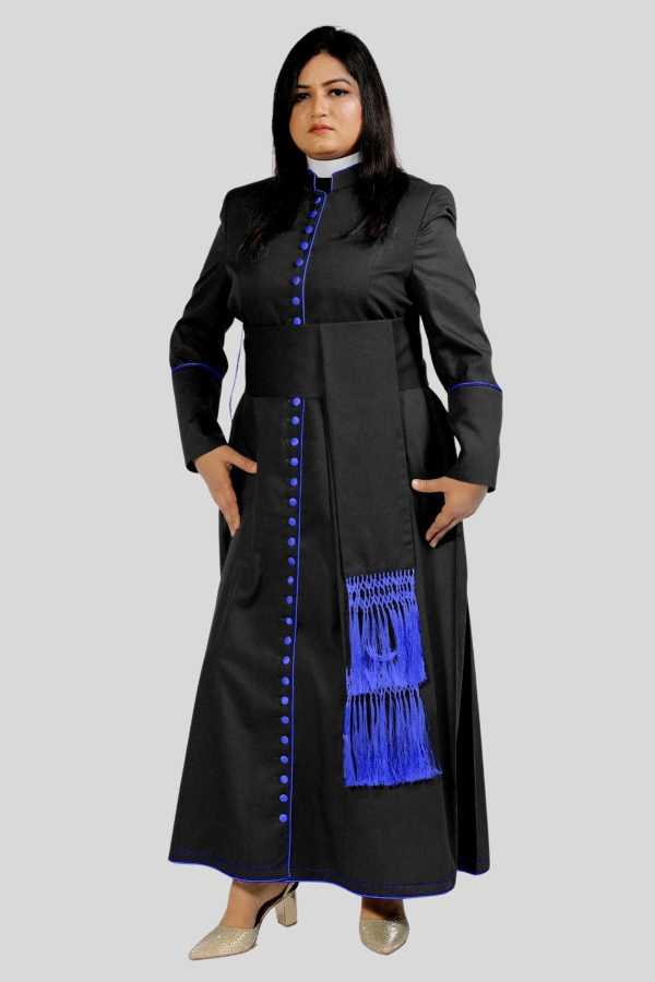 Ladies Black Cassock for Women with Royal Blue Trim & 33 Button