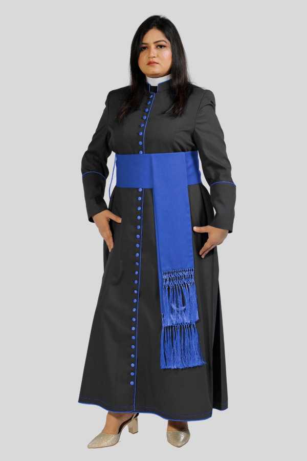 Ladies Black Cassock for Women with Royal Blue Trim & 33 Button