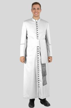 Lightweight White Clergy Cassock with Black Trim