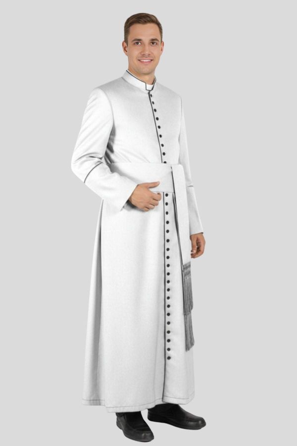 Lightweight White Clergy Cassock with Black Trim
