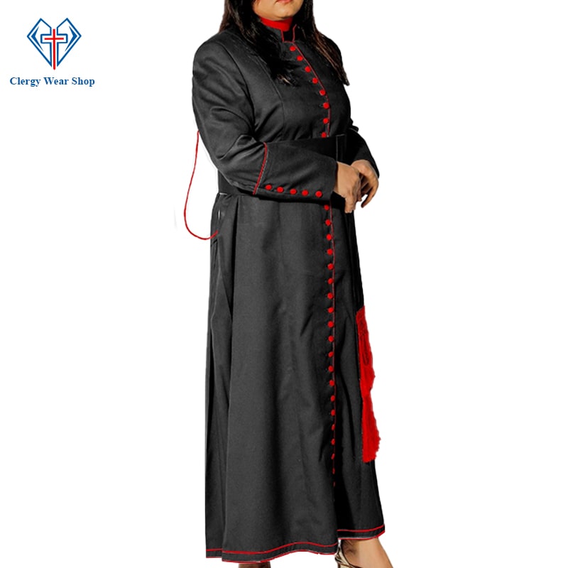 Women Clergy Robe  Black with Red Trim