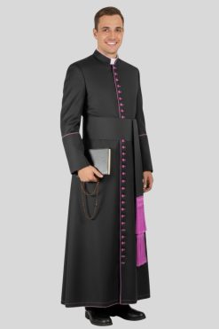 Classic Black House Cassock for Bishop Featuring Purple Trim