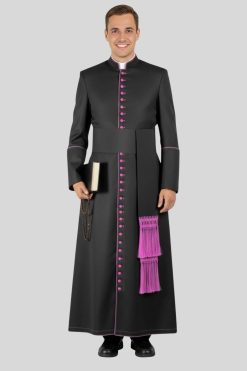 Classic Black House Cassock for Bishop Featuring Purple Trim
