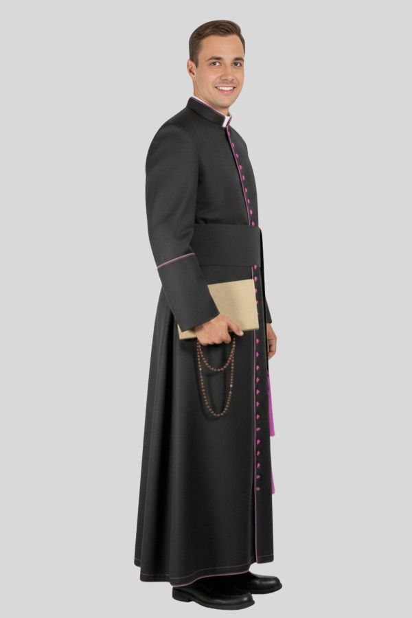 Classic Black House Cassock for Bishop Featuring Purple Trim