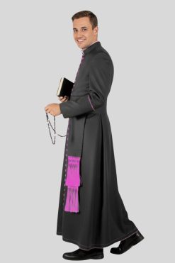 Classic Black House Cassock for Bishop Featuring Purple Trim