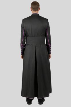 Classic Black House Cassock for Bishop Featuring Purple Trim