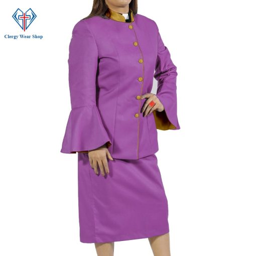 Ladies Clergy Suit Purple Flared Sleeve with Golden Trim