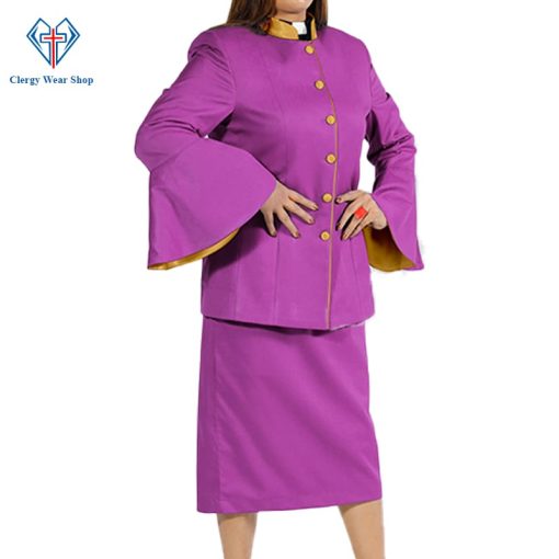 Ladies Clergy Suit Purple Flared Sleeve with Golden Trim