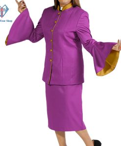 Ladies Clergy Suit Purple Flared Sleeve with Golden Trim