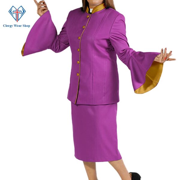 Ladies Clergy Suit Purple Flared Sleeve with Golden Trim