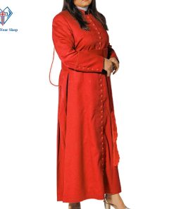 This womens cassock is made with superfine tropical fabric. Soft shoulder pads & half-line till the waist. 33 same fabric-covered buttons on the front placket. Red trim and buttons on the front. Handmade cincture band give bright look.  Three back plates are made for an ideal look. Two inner breast pockets alongwith two combination pockets/side opening.  The ends of the cincture have knotted fringes in blue color. Made by a professional tailor. Dry clean white cassock. Cool comfort. Note: Cincture Belt Sold separately.