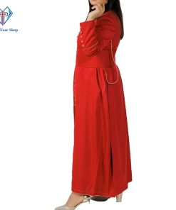 This womens cassock is made with superfine tropical fabric. Soft shoulder pads & half-line till the waist. 33 same fabric-covered buttons on the front placket. Red trim and buttons on the front. Handmade cincture band give bright look.  Three back plates are made for an ideal look. Two inner breast pockets alongwith two combination pockets/side opening.  The ends of the cincture have knotted fringes in blue color. Made by a professional tailor. Dry clean white cassock. Cool comfort. Note: Cincture Belt Sold separately.